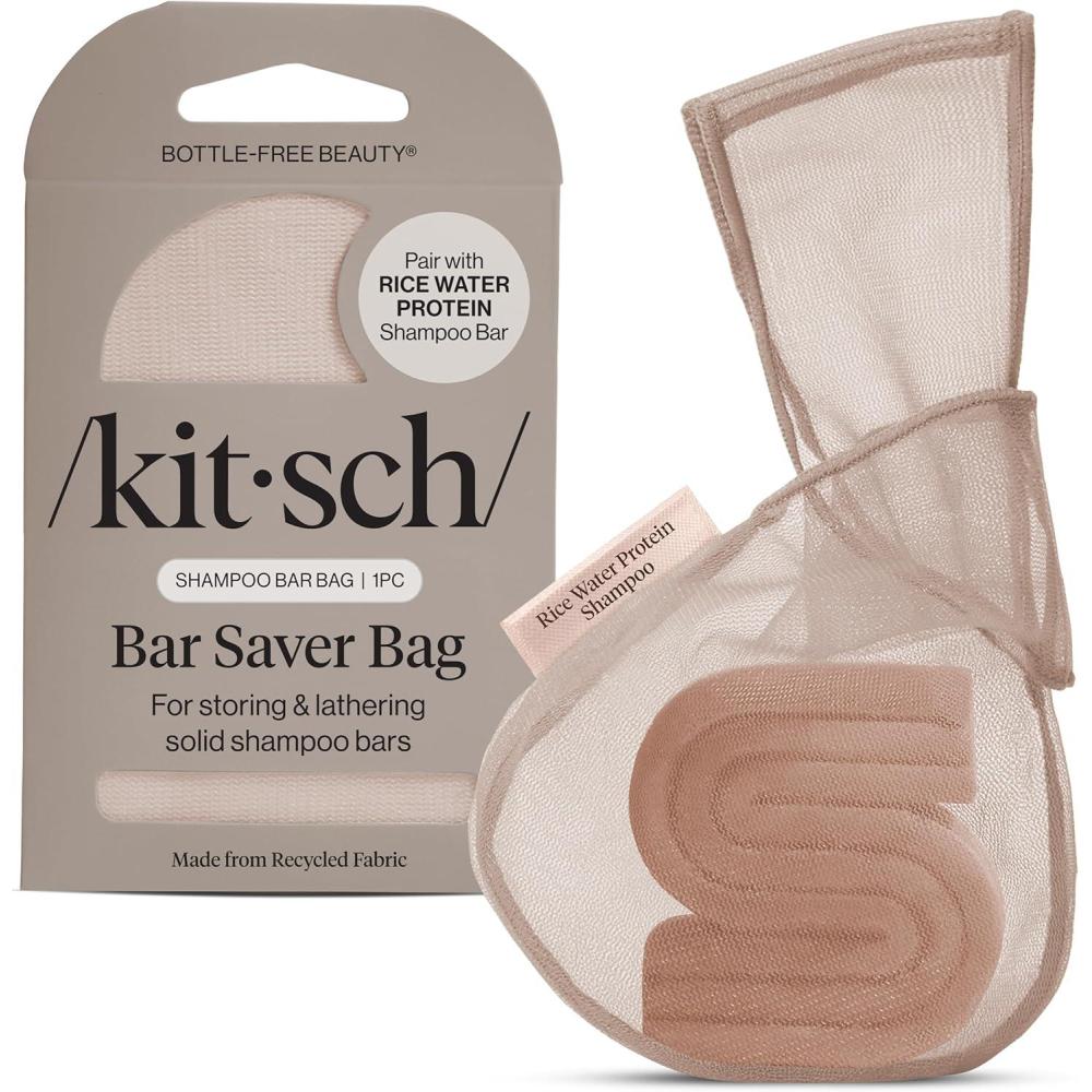imageKitsch Bar Soap Saver Bag Patented Mesh Bag Soap Holder for Castor Oil Shampoo Bar with Tag Identifier Extends Use ampamp Prevents Soggy Mess Recycled Mesh Beauty Pouch EcoFriendlyRice Water Protein Shampoo Bar Bag