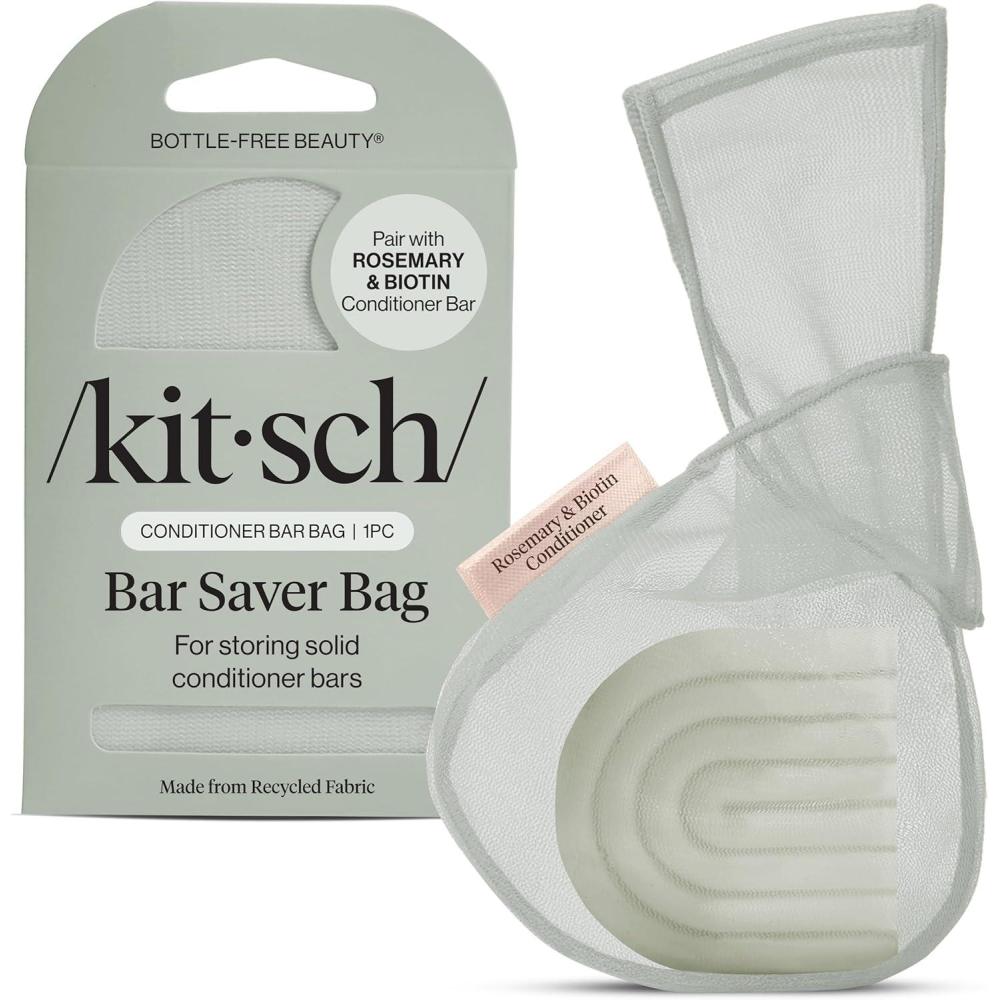 imageKitsch Bar Soap Saver Bag Patented Mesh Bag Soap Holder for Castor Oil Shampoo Bar with Tag Identifier Extends Use ampamp Prevents Soggy Mess Recycled Mesh Beauty Pouch EcoFriendlyRosemary Biotin Conditioner Bar Bag