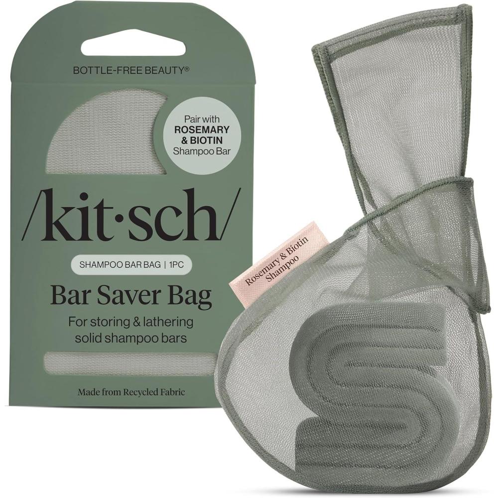 imageKitsch Bar Soap Saver Bag Patented Mesh Bag Soap Holder for Castor Oil Shampoo Bar with Tag Identifier Extends Use ampamp Prevents Soggy Mess Recycled Mesh Beauty Pouch EcoFriendlyRosemary Biotin Shampoo Bar Bag