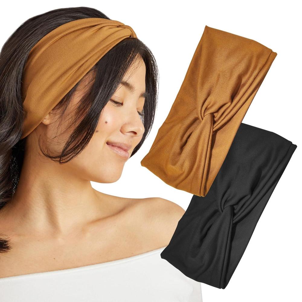 imageKitsch Wide Headbands for Women  Fashion Sports Headband for Workout Yoga Gym Running Exercise  Stretchy Head Bands for Womens Hair  Hair Accessories  Ideal Gifts for Women  Rosewood 2pcsBlack  Camel
