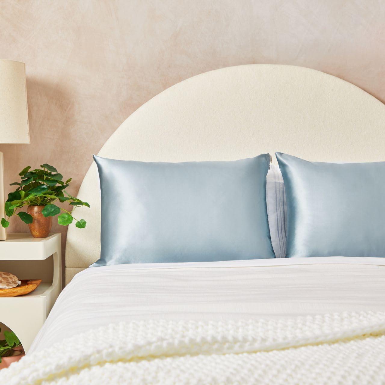 imageKitsch Holiday Satin Pillowcase with Zipper for Hair and Skin Softer Than Silk Pillow Cases 2 Pack Cooling Pillow Covers Machine Washable WrinkleFree Satin Queen Size Set of 2 19quotx26quot BlushHaze Blue