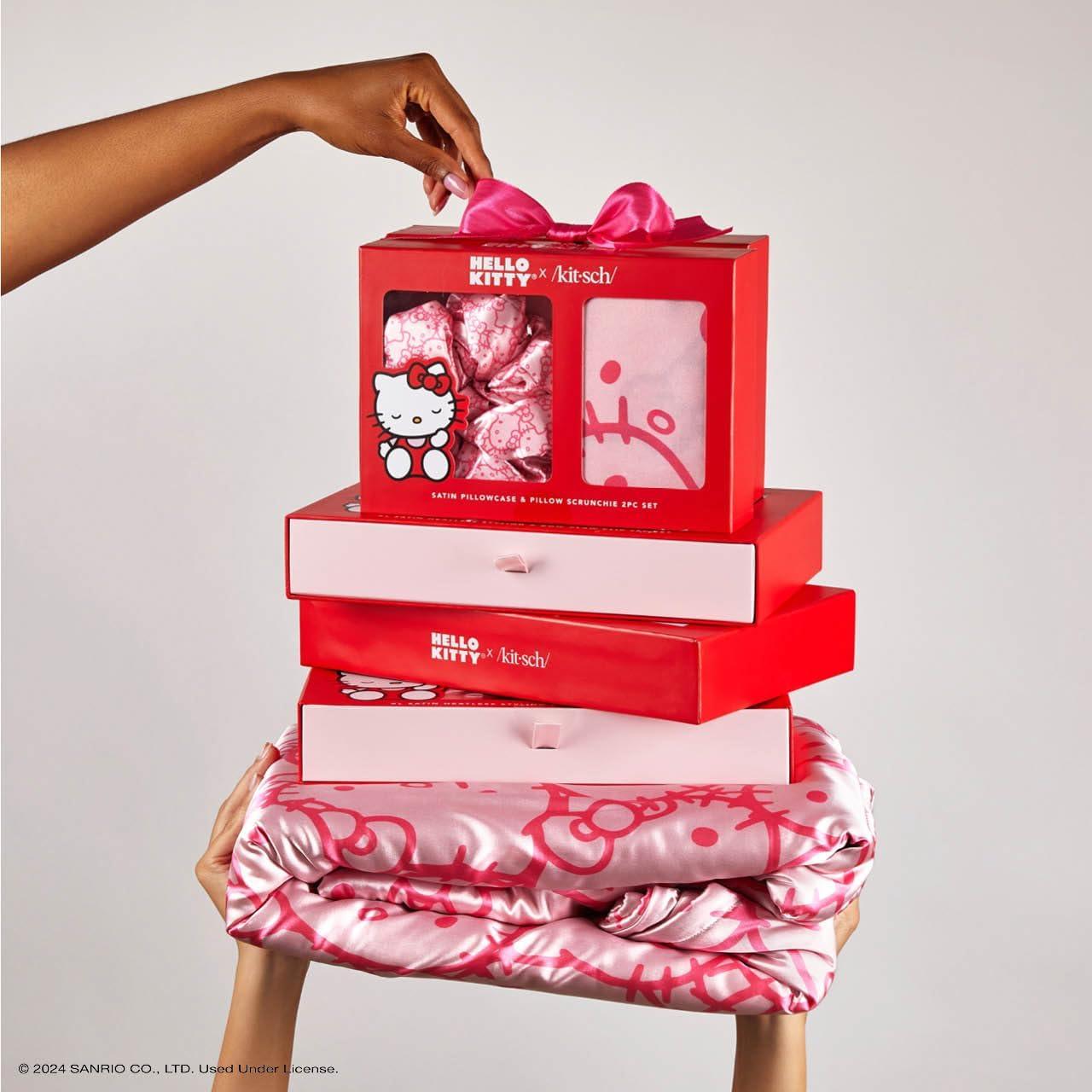 imageKitsch Satin Pillowcase with Zipper for Hair ampamp Skin Softer Than Silk Machine Washable WrinkleFree QueenStandard 19x26 with Satin Scrunchie NoDamage Silk Hair Tie AuraPink Kitty Faces