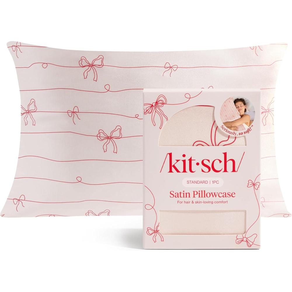 imageKitsch Holiday Satin Pillowcase with Zipper for Hair and Skin Softer Than Silk Pillow Cases 2 Pack Cooling Pillow Covers Machine Washable WrinkleFree Satin Queen Size Set of 2 19quotx26quot BlushStriped Bows