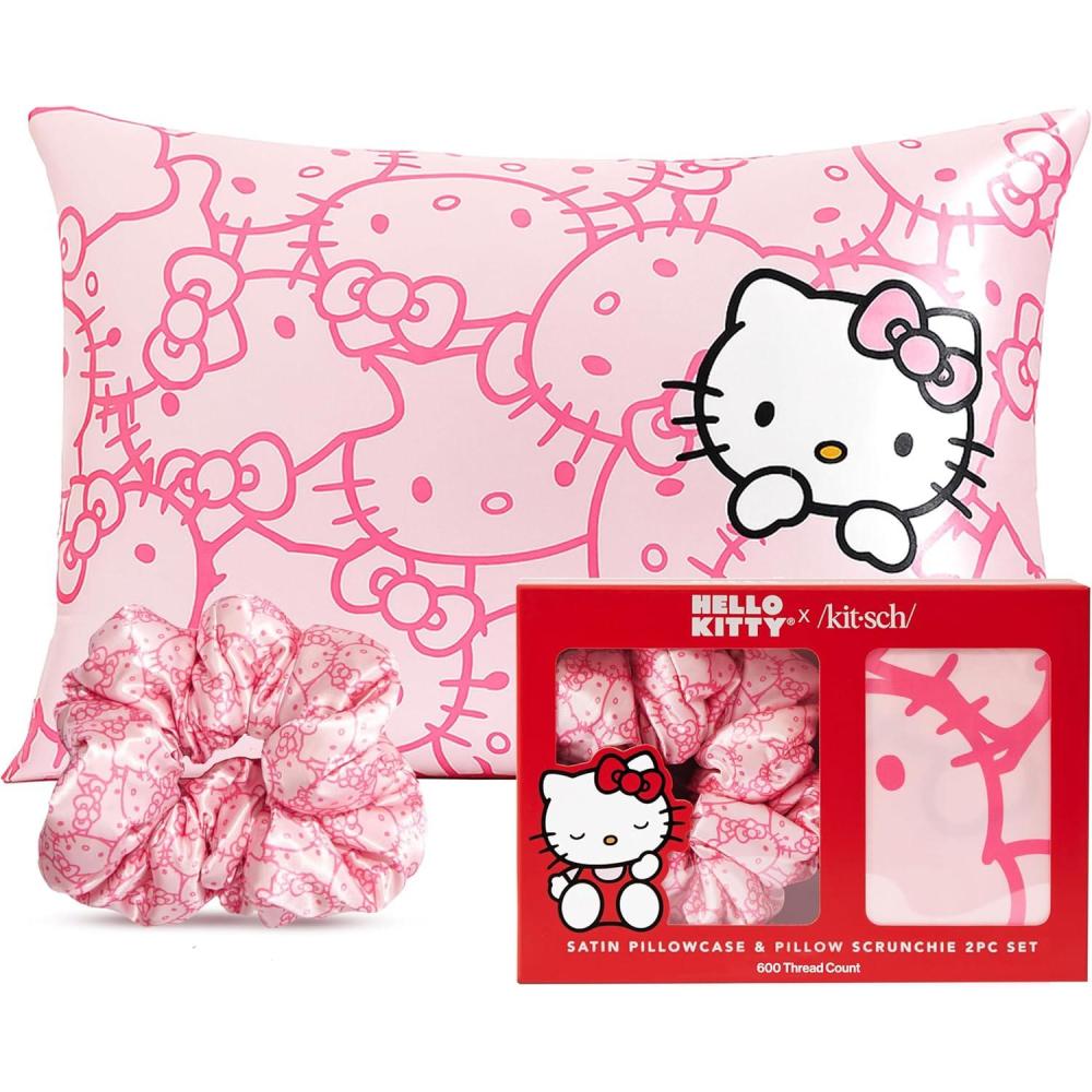 imageKitsch Satin Pillowcase with Zipper for Hair ampamp Skin  Softer Than Silk Machine Washable WrinkleFree  QueenStandard 19x26 with Satin Scrunchie NoDamage Silk Hair Tie  AuraPink Kitty Faces