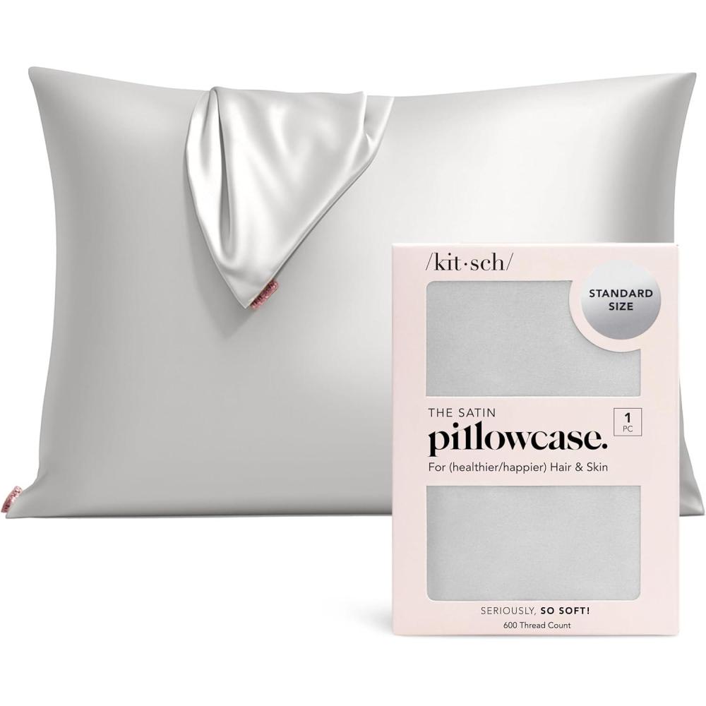 imageKitsch Satin Pillowcase with Zipper for Hair ampamp Skin Softer Than Silk Pillow Cases Queen WrinkleFree Smooth and Cooling Satin Pillow Covers Standard Size 19quotx26quot  Aura 2pcsSilver