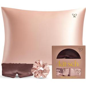 Kitsch Night time Renewal 3PC Sleep Set – Satin Pillowcase with Zipper for Hair & Skin – Softer Than Silk, Queen/Standard Size with Satin Pillow Scrunchie No-Damage Hair Tie and Satin Pillow Eye Mask(Multicolor)