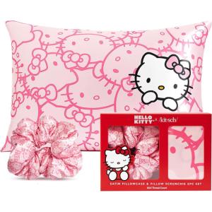 Kitsch Satin Pillowcase with Zipper for Hair & Skin – Softer Than Silk, Machine Washable, Wrinkle-Free – Queen/Standard (19×26) with Satin Scrunchie No-Damage Silk Hair Tie – Aura(Pink Kitty Faces)