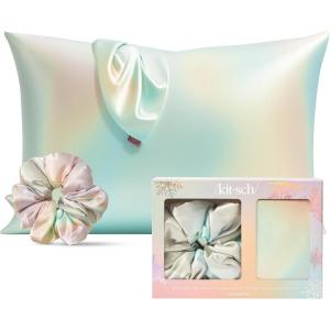 Kitsch Satin Pillowcase with Zipper for Hair & Skin – Softer Than Silk, Machine Washable, Wrinkle-Free – Queen/Standard (19×26) with Satin Scrunchie No-Damage Silk Hair Tie – Aura(Holiday Aura)