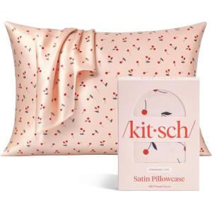 Kitsch Satin Pillowcase with Zipper for Hair & Skin, Softer Than Silk Pillow Cases Queen, Wrinkle-Free, Smooth and Cooling Satin Pillow Covers, Standard Size 19″x26″ – Aura, 2pcs(Cherry Print)