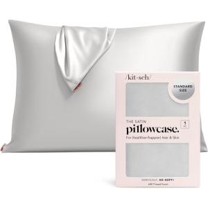 Kitsch Satin Pillowcase with Zipper for Hair & Skin, Softer Than Silk Pillow Cases Queen, Wrinkle-Free, Smooth and Cooling Satin Pillow Covers, Standard Size 19″x26″ – Aura, 2pcs(Silver)
