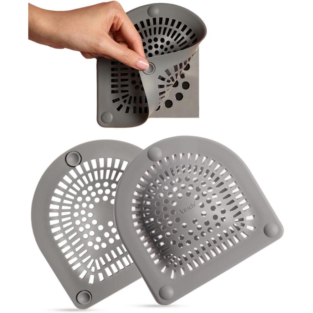 imageKitsch Hair Catcher Shower Drain Prevents Clogs Drain Hair Catcher Reduce Bathtub Odor AntiClogging Bathtub ampamp Shower Cover Durable ampamp Easy to Clean Made with Silicone Universal Fit Grey