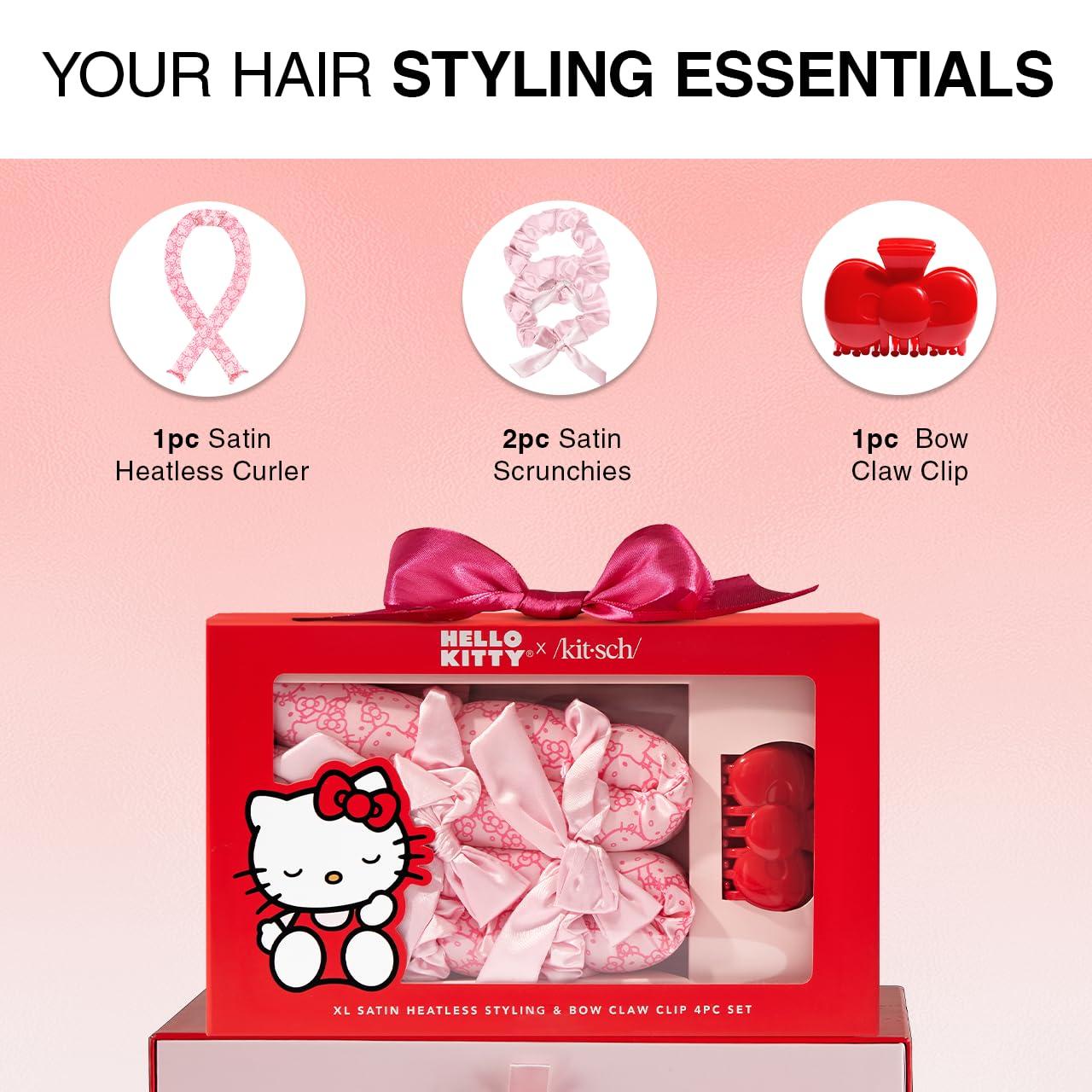 imageHello Kitty x Kitsch XL Satin Heatless Curling Set Heatless Hair Curler To Sleep In for FrizzFree ampamp Soft Curls Comes with Bow Shape Design Hair Claw and Satin Scrunchies Gifts for Women 4pc SetPink Kitty Faces