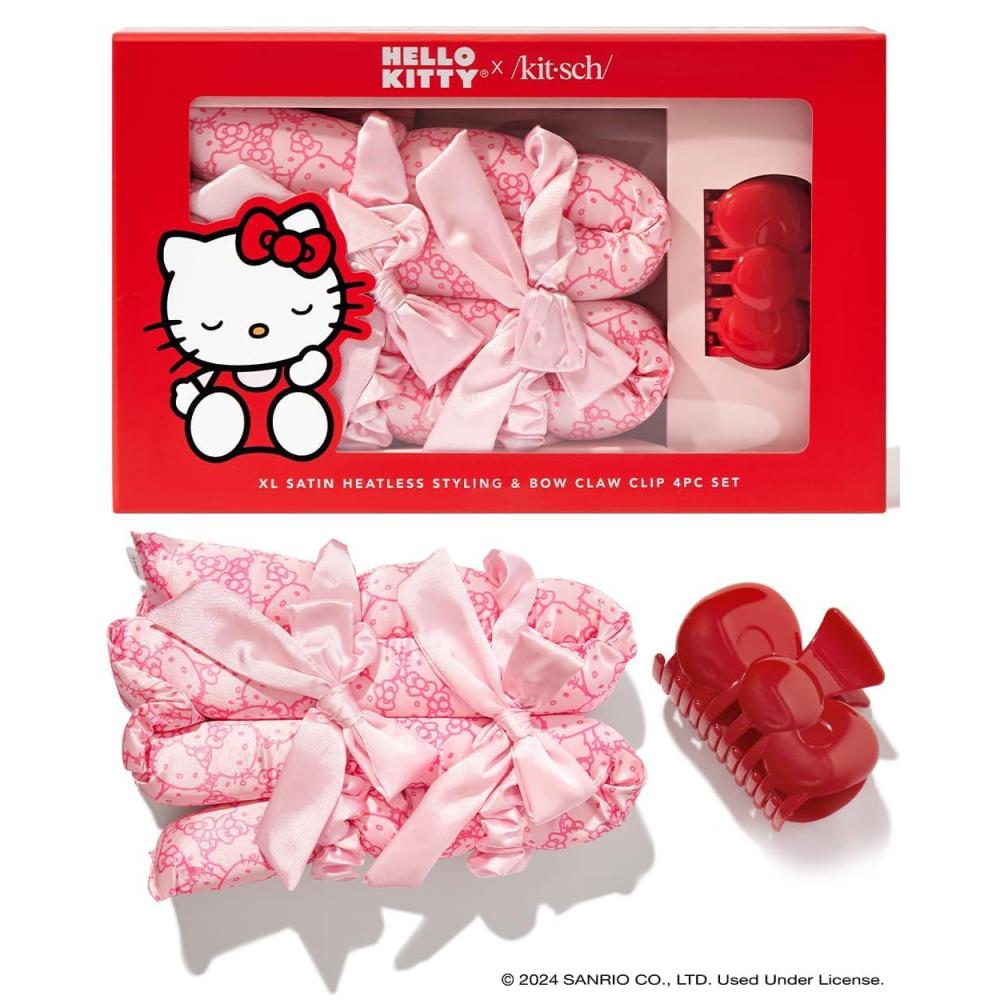imageHello Kitty x Kitsch XL Satin Heatless Curling Set Heatless Hair Curler To Sleep In for FrizzFree ampamp Soft Curls Comes with Bow Shape Design Hair Claw and Satin Scrunchies Gifts for Women 4pc SetPink Kitty Faces