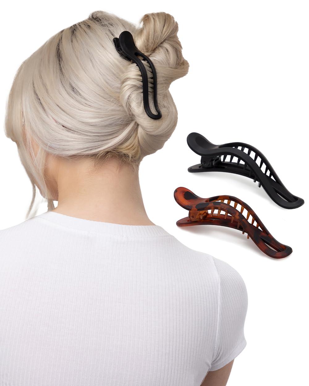 imageKitsch Flat Hair Clips for Women Strong Hold No Slip Grip Flat Claw Clips Sleek Curved Design For Comfortable Look Hair Accessories For Girls Ideal Gifts for Women Black ampamp Tortoise 2pcsCurve