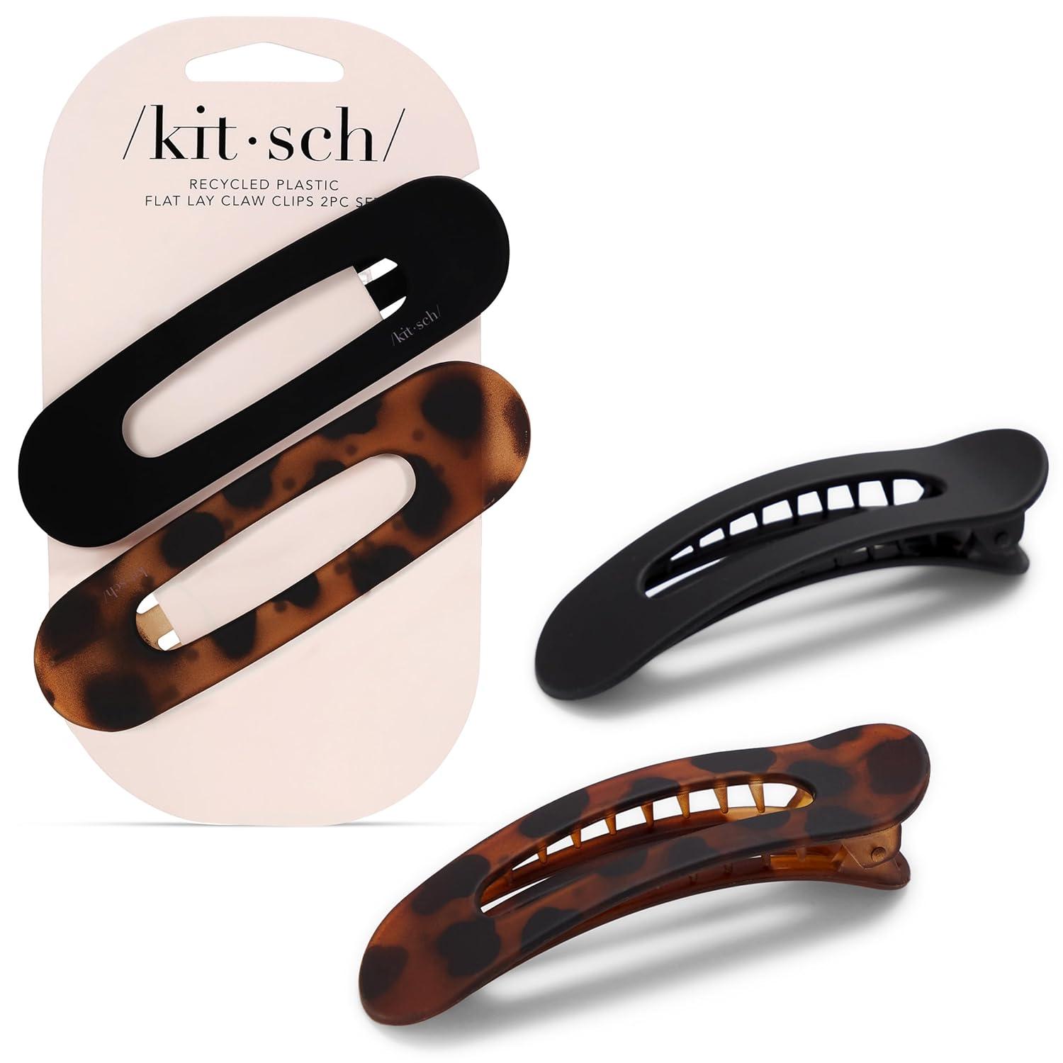 imageKitsch Flat Hair Clips for Women Strong Hold No Slip Grip Flat Claw Clips Sleek Curved Design For Comfortable Look Hair Accessories For Girls Ideal Gifts for Women Black ampamp Tortoise 2pcsFlat