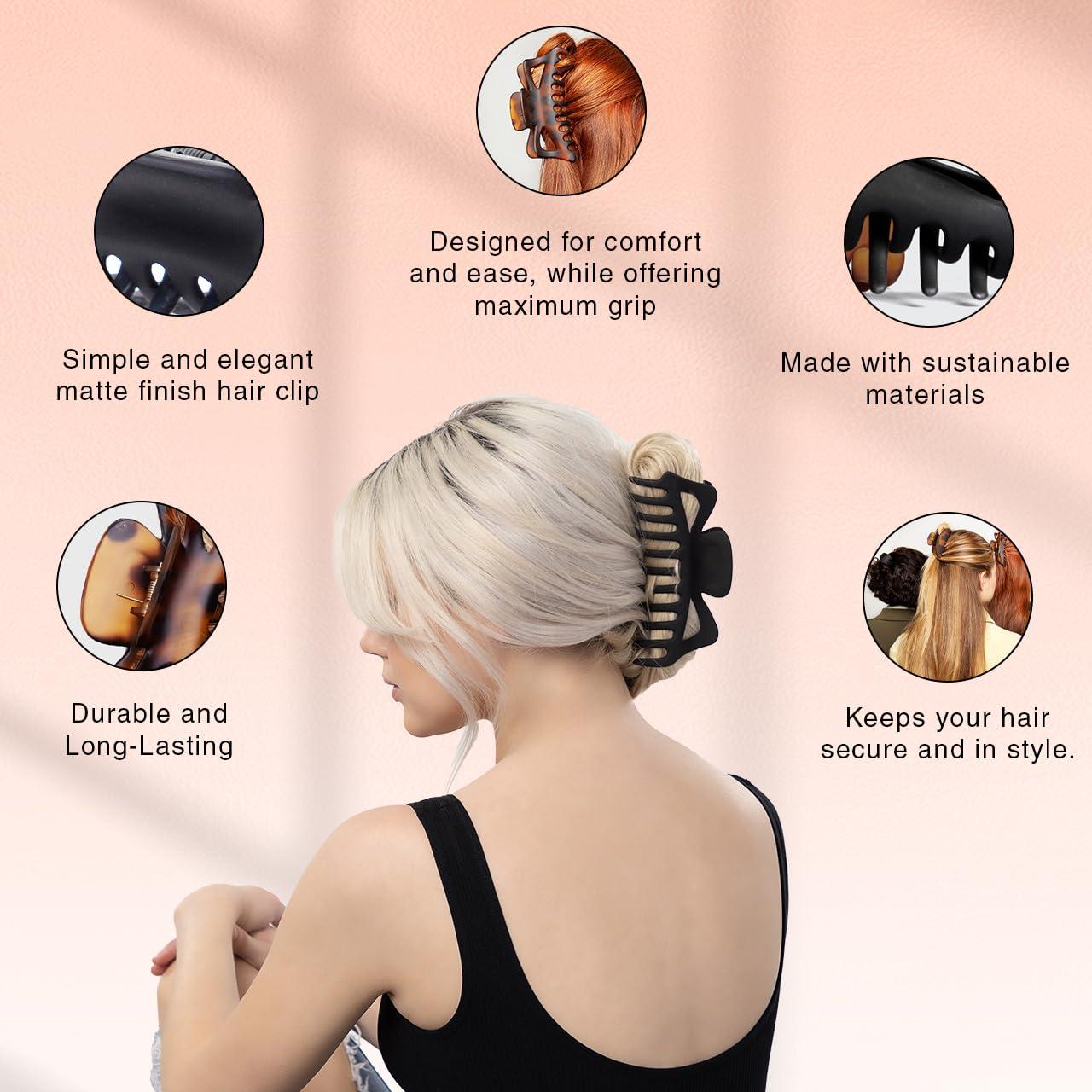 imageKitsch Large Claw Clip for Thick Hair Rubberized Finish for EasyGrip Electroplated Springs Big Hair Clips for Updos Hairstyle Ideal Gifts for Women Black 1pcTortoise and Black