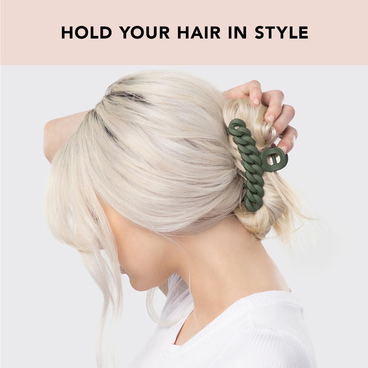 imageKitsch Recycled Plastic Large Claw Clip Big Chain Hair Clips for Women Big Claw Clips for Thick Hair Ideal Gifts for Women 3pc Set Large NeutralsBlackMoss