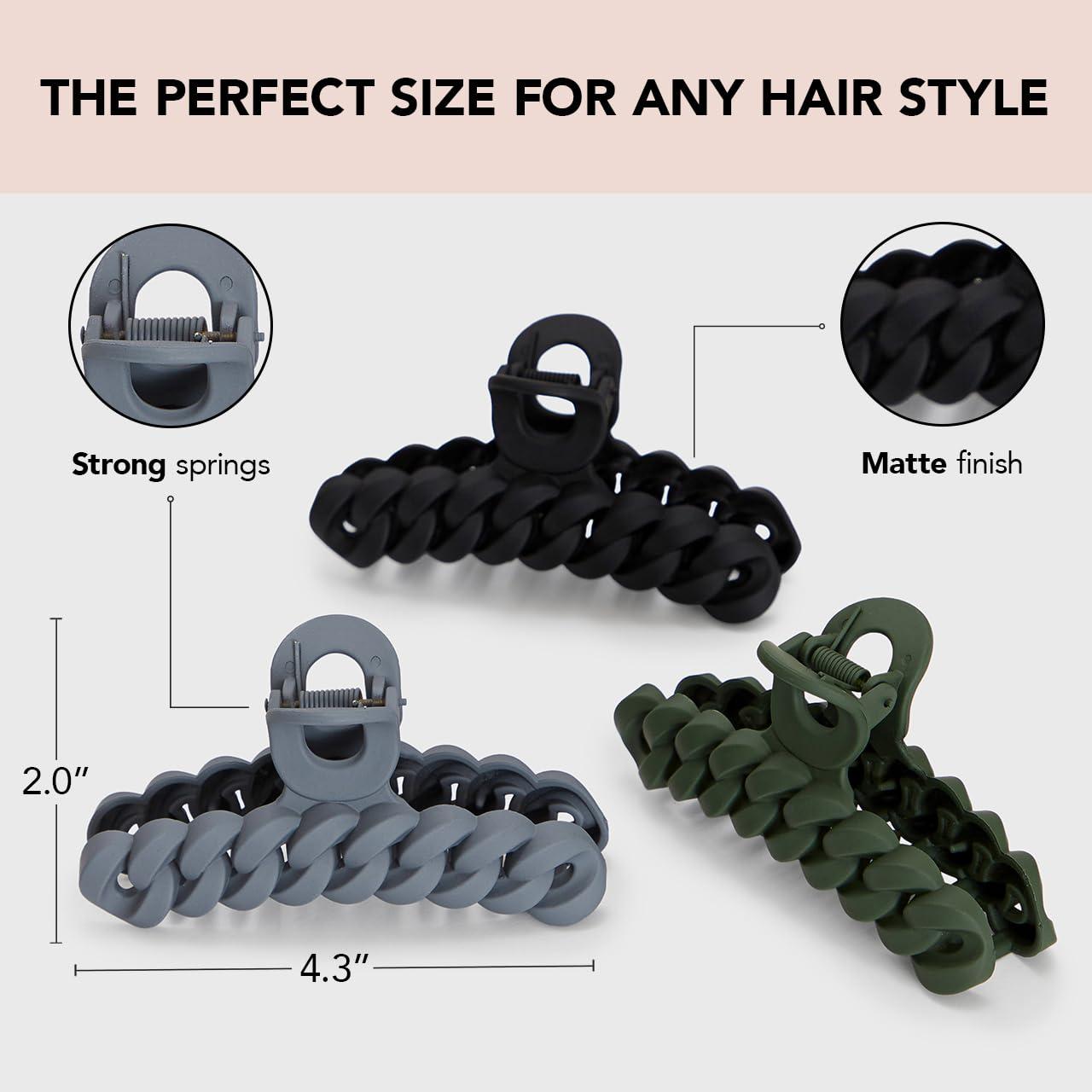 imageKitsch Recycled Plastic Large Claw Clip Big Chain Hair Clips for Women Big Claw Clips for Thick Hair Ideal Gifts for Women 3pc Set Large NeutralsBlackMoss