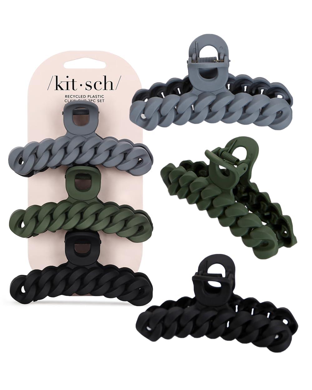 imageKitsch Recycled Plastic Large Claw Clip Big Chain Hair Clips for Women Big Claw Clips for Thick Hair Ideal Gifts for Women 3pc Set Large NeutralsBlackMoss