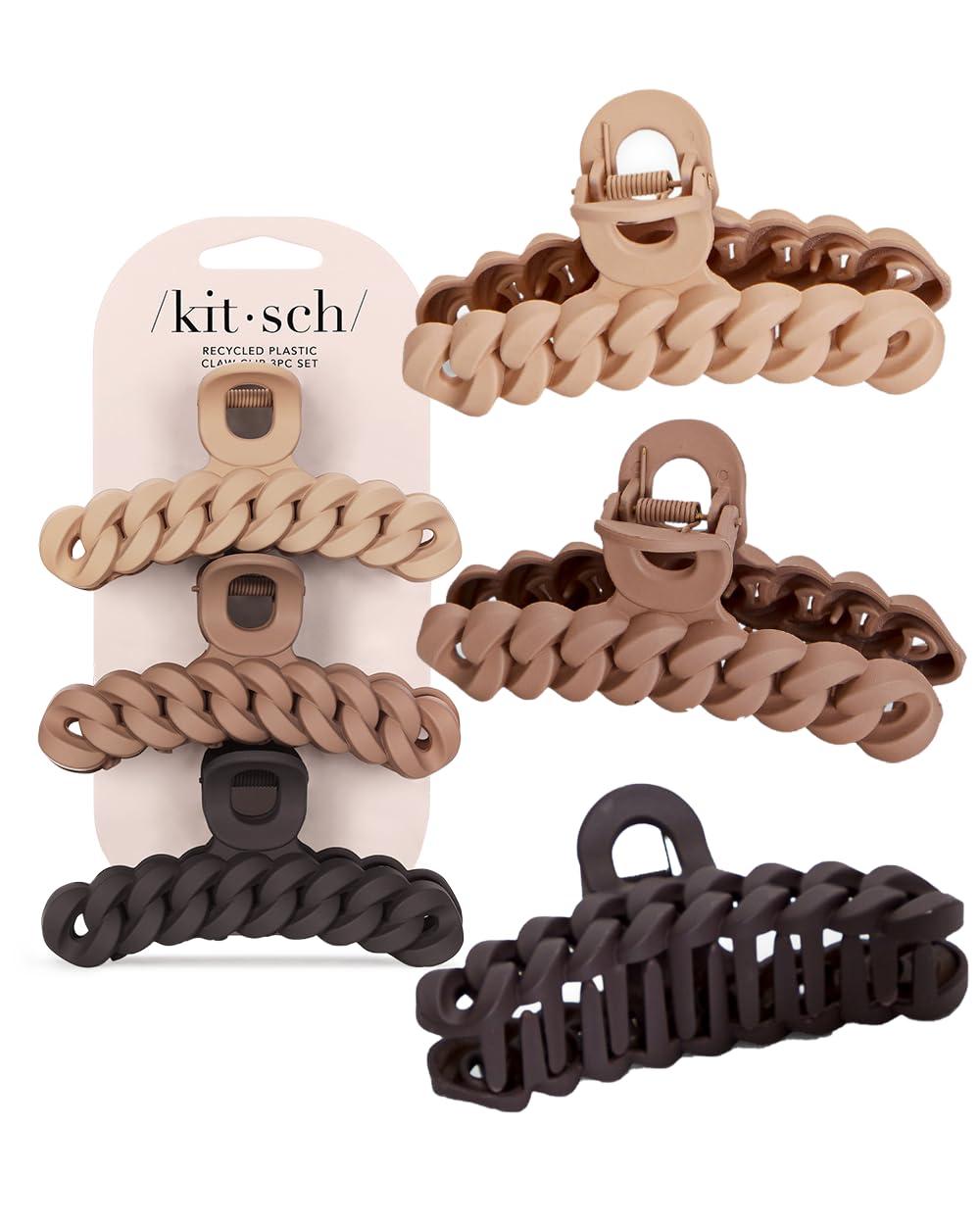 imageKitsch Recycled Plastic Large Claw Clip Big Chain Hair Clips for Women Big Claw Clips for Thick Hair Ideal Gifts for Women 3pc Set Large NeutralsNeutrals