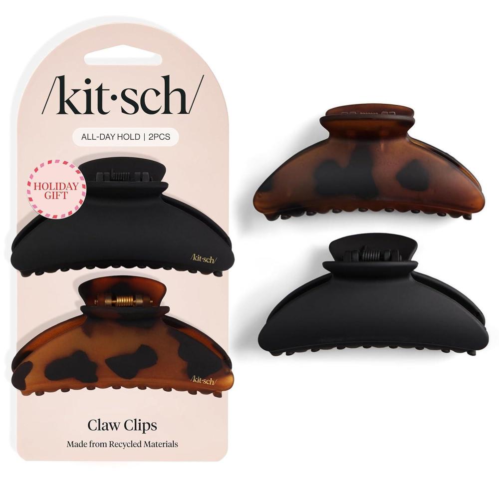 imageKitsch Medium Hair Clips for Women Strong Hold Recycled Plastic Claw Clips for Thick Hair  Great for Updo Half Up Hairstyle  Ideal Gifts for Women  2pcs Black and TortTortoise and Black 2 Pieces  Medium