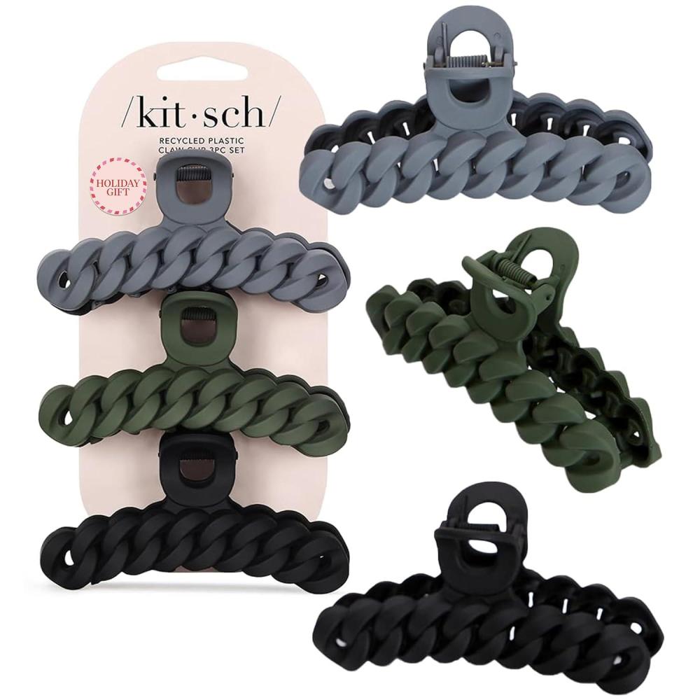 imageKitsch Recycled Plastic Large Claw Clip Big Chain Hair Clips for Women Big Claw Clips for Thick Hair Ideal Gifts for Women 3pc Set Large NeutralsBlackMoss