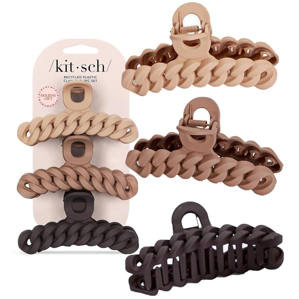 imageKitsch Recycled Plastic Large Claw Clip Big Chain Hair Clips for Women Big Claw Clips for Thick Hair Ideal Gifts for Women 3pc Set Large NeutralsNeutrals