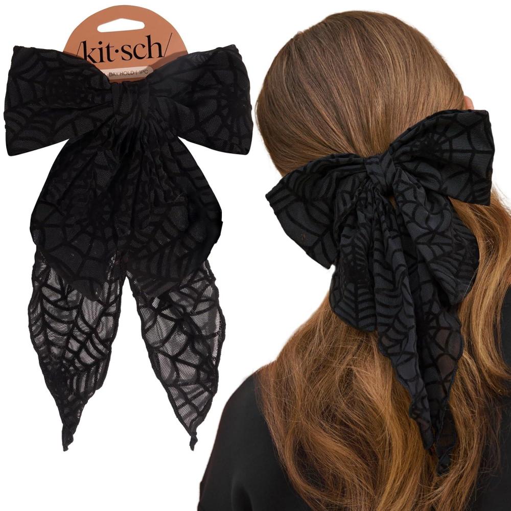imageKitsch Oversized Hair Bows for Women  Recycled Polyester Material  Stylish and Elegant  Cute Hair Bow Clips  Ideal Gifts for Women  Black 1pcSpiderweb