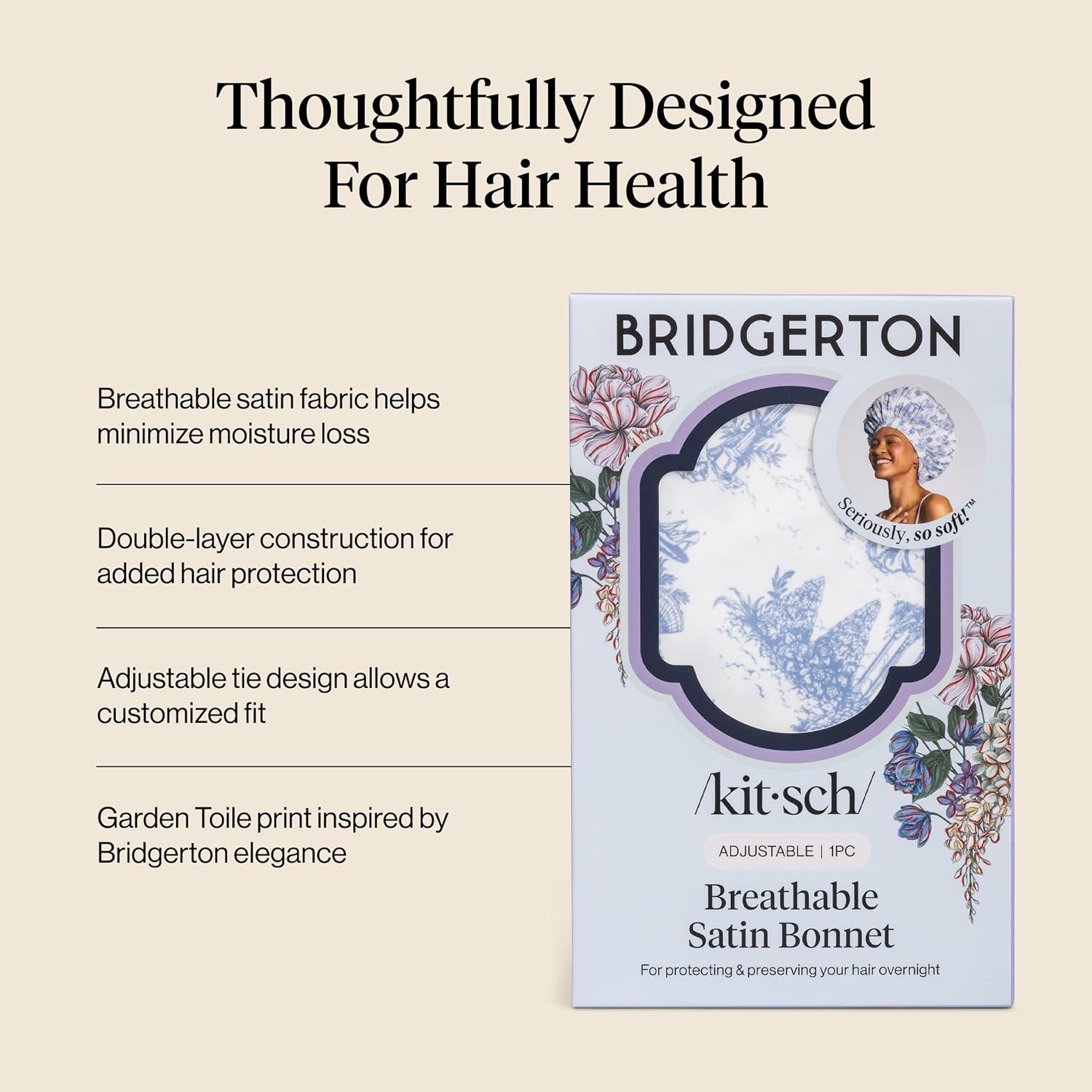 image:imageKitsch x Bridgerton Satin Bonnet for Sleeping Softer Than Silk Bonnet For Sleeping Women Secure Fit Adjustable Night Cap For Curly amp Textured Hair Prevents Breakage amp Tangles Garden ToileGarden Toile
