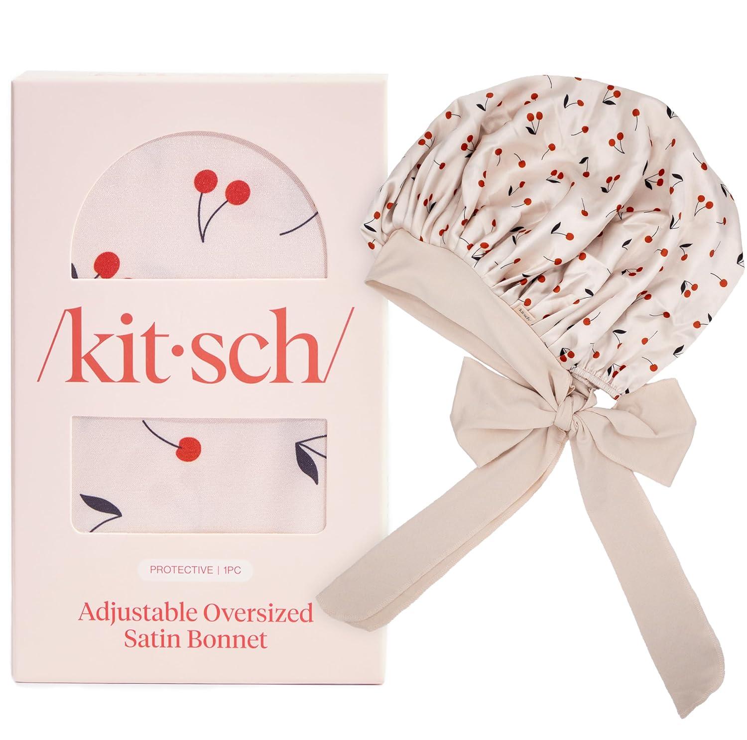 image:imageKitsch x Bridgerton Satin Bonnet for Sleeping Softer Than Silk Bonnet For Sleeping Women Secure Fit Adjustable Night Cap For Curly amp Textured Hair Prevents Breakage amp Tangles Garden ToileCherry Print