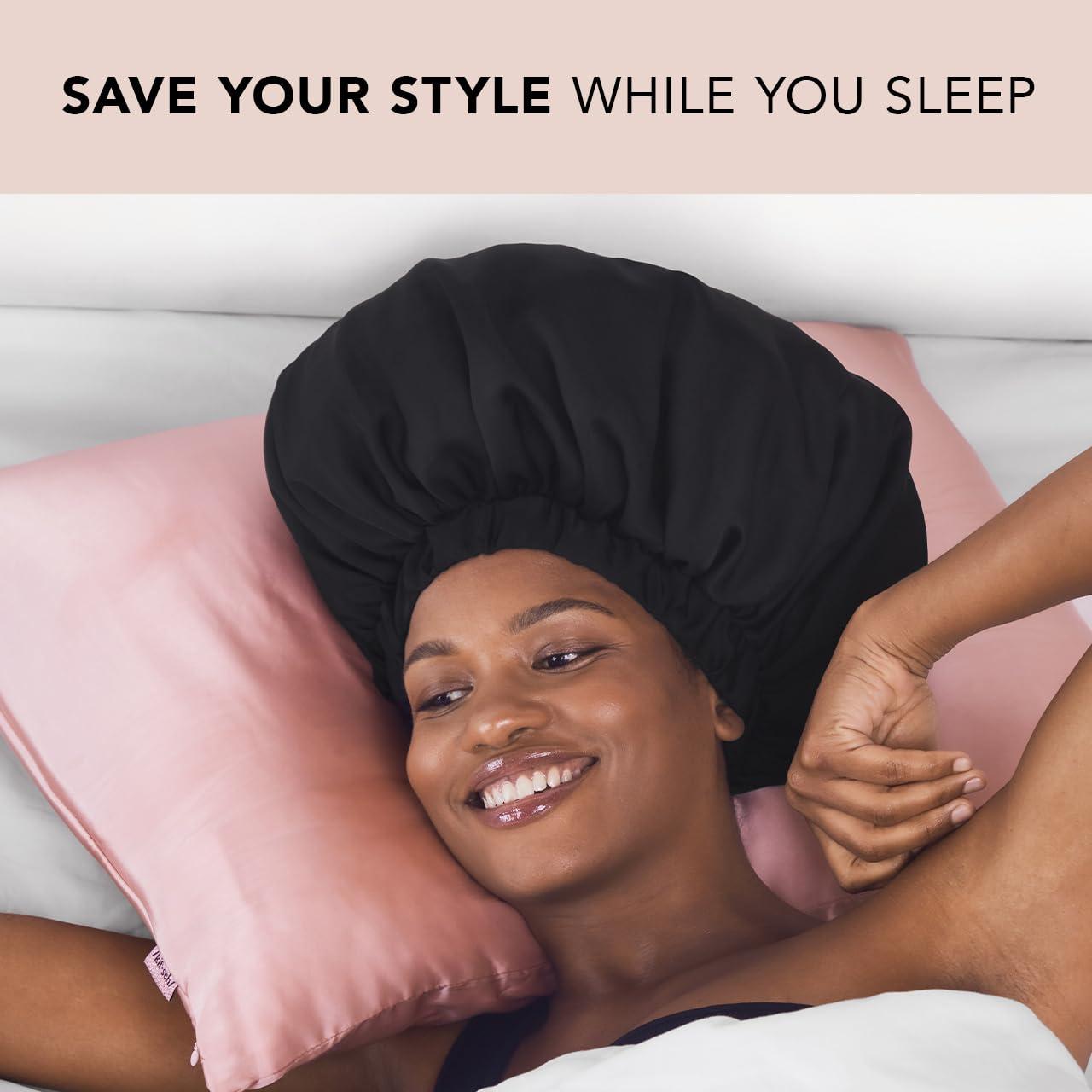image:imageKitsch x Bridgerton Satin Bonnet for Sleeping Softer Than Silk Bonnet For Sleeping Women Secure Fit Adjustable Night Cap For Curly amp Textured Hair Prevents Breakage amp Tangles Garden ToileBlack