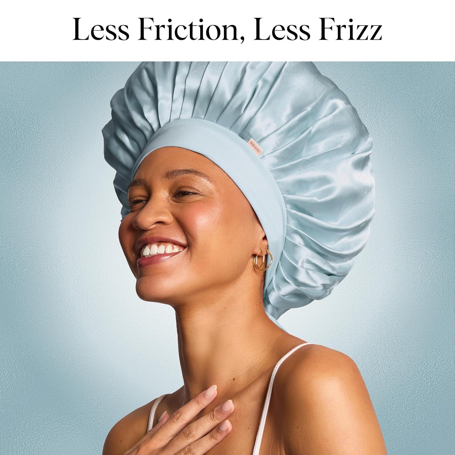 image:imageKitsch x Bridgerton Satin Bonnet for Sleeping Softer Than Silk Bonnet For Sleeping Women Secure Fit Adjustable Night Cap For Curly amp Textured Hair Prevents Breakage amp Tangles Garden ToileHaze Blue