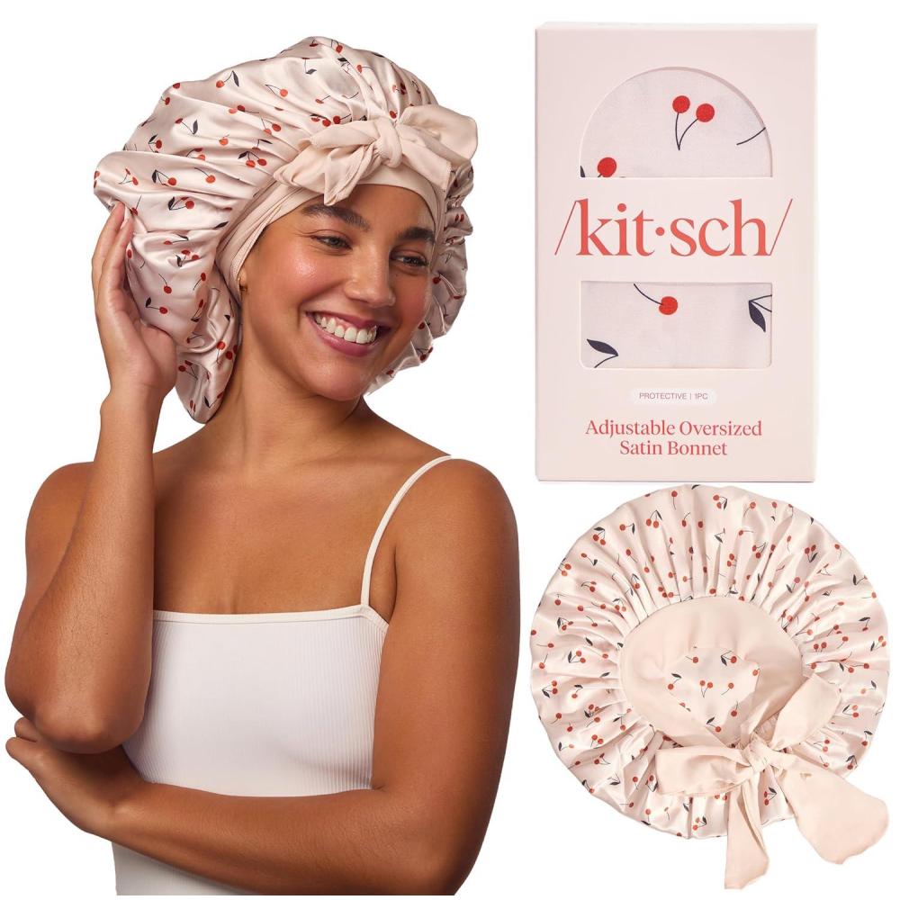 image:imageKitsch x Bridgerton Satin Bonnet for Sleeping Softer Than Silk Bonnet For Sleeping Women Secure Fit Adjustable Night Cap For Curly amp Textured Hair Prevents Breakage amp Tangles Garden ToileCherry Print