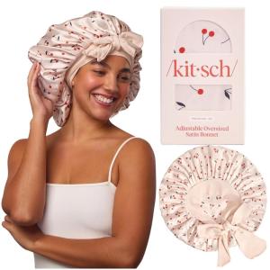 Kitsch x Bridgerton Satin Bonnet for Sleeping – Softer Than Silk Bonnet For Sleeping Women – Secure Fit, Adjustable, Night Cap For Curly & Textured Hair – Prevents Breakage & Tangles – Garden Toile(Cherry Print)