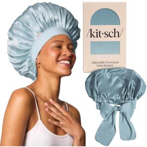 Kitsch x Bridgerton Satin Bonnet for Sleeping – Softer Than Silk Bonnet For Sleeping Women – Secure Fit, Adjustable, Night Cap For Curly & Textured Hair – Prevents Breakage & Tangles – Garden Toile(Haze Blue)
