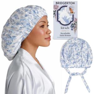Kitsch x Bridgerton Satin Bonnet for Sleeping – Softer Than Silk Bonnet For Sleeping Women – Secure Fit, Adjustable, Night Cap For Curly & Textured Hair – Prevents Breakage & Tangles – Garden Toile(Garden Toile)
