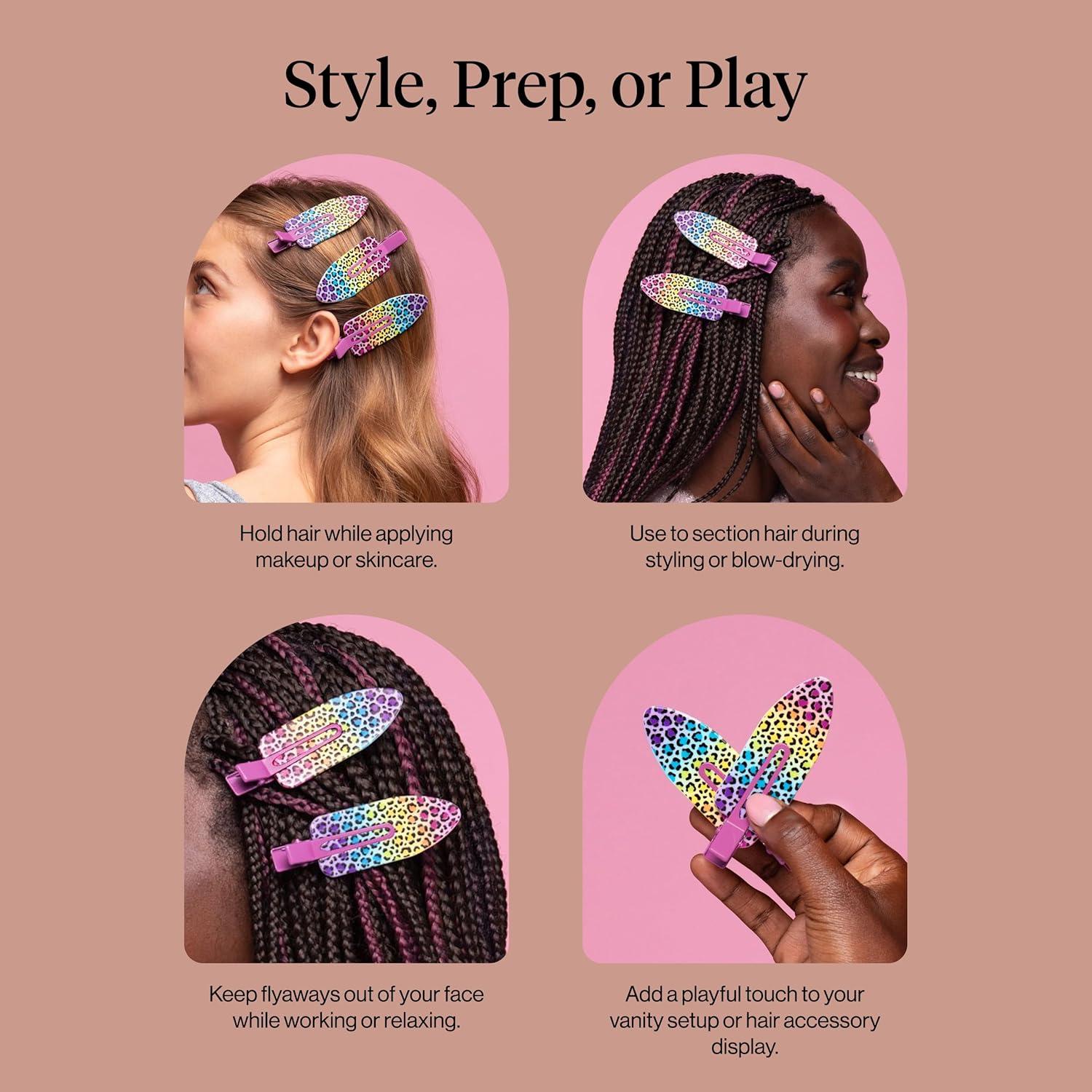 image:imageBridgerton x Kitsch Creaseless Hair Clips for Women No Crease No Bend Hair Clips for Styling Bangs Makeup Application Face Wash Recycled Acrylic Toile in Bloom Ideal Gifts for Women 4pcsRainbow Leopard