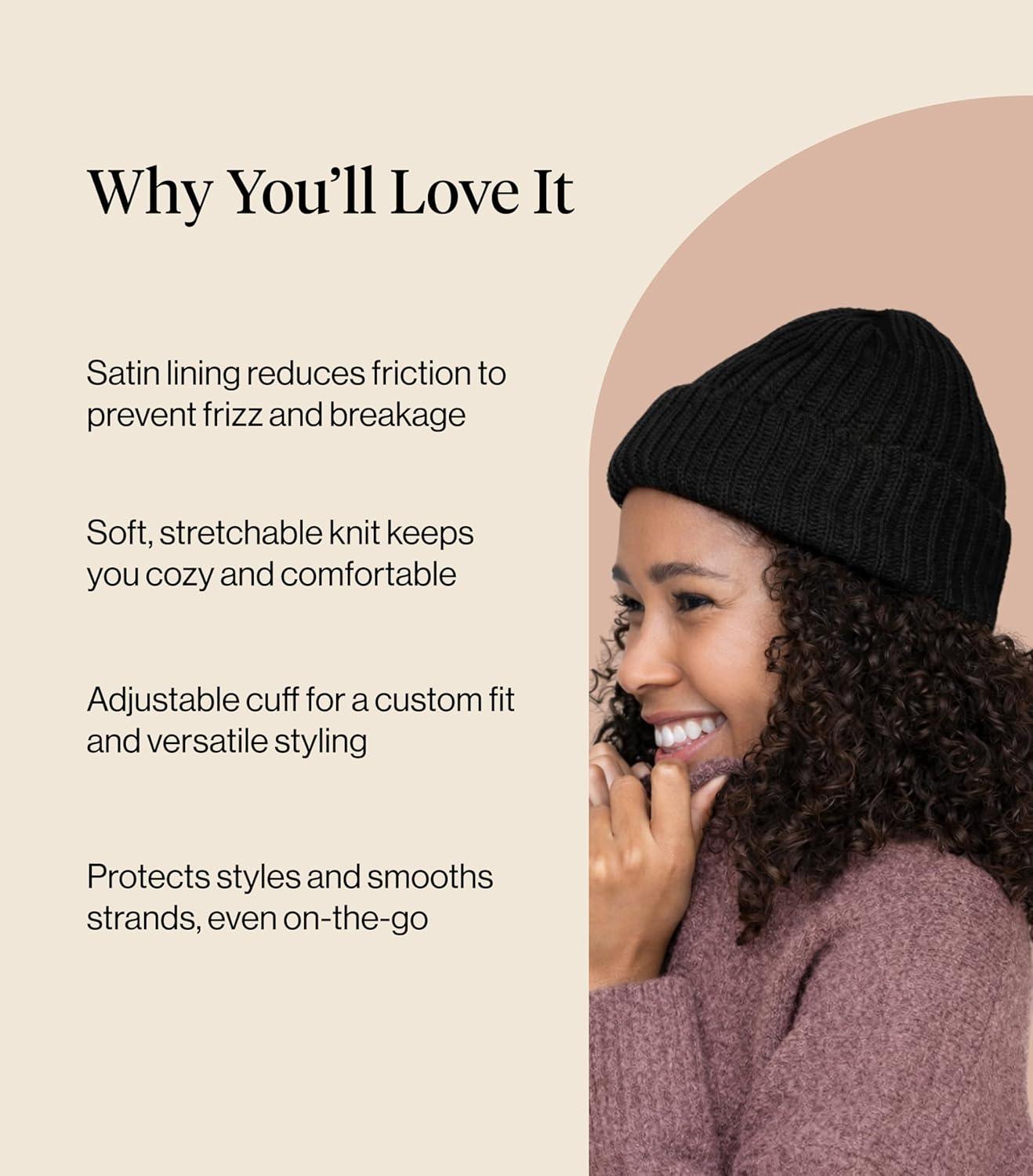 image:imageKitsch Glazey Satin Lined Beanie for Men and Women Cozy Winter Hats for Men Stylish AntiFrizz Hat for All Hair TypesBlack