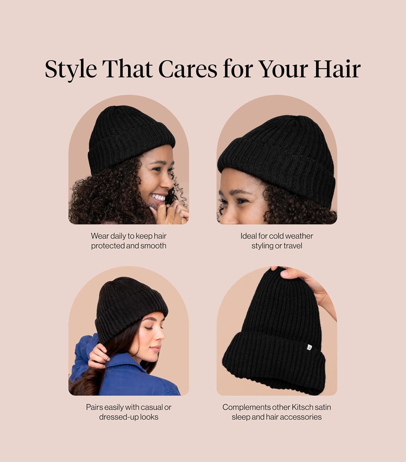 image:imageKitsch Glazey Satin Lined Beanie for Men and Women Cozy Winter Hats for Men Stylish AntiFrizz Hat for All Hair TypesBlack