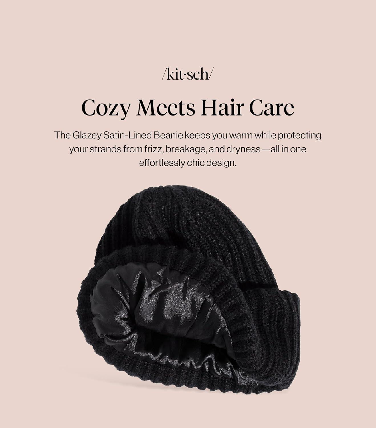 image:imageKitsch Glazey Satin Lined Beanie for Men and Women Cozy Winter Hats for Men Stylish AntiFrizz Hat for All Hair TypesBlack