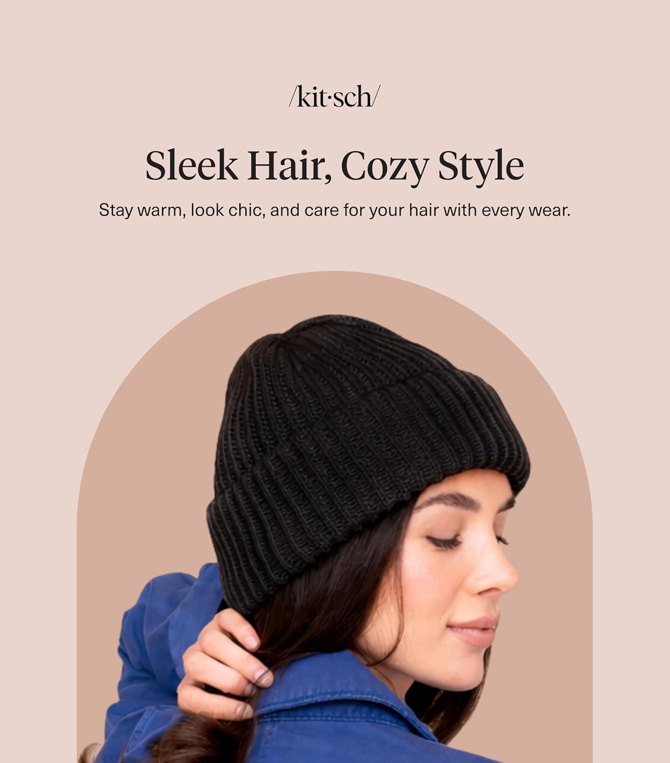 image:imageKitsch Glazey Satin Lined Beanie for Men and Women Cozy Winter Hats for Men Stylish AntiFrizz Hat for All Hair TypesBlack