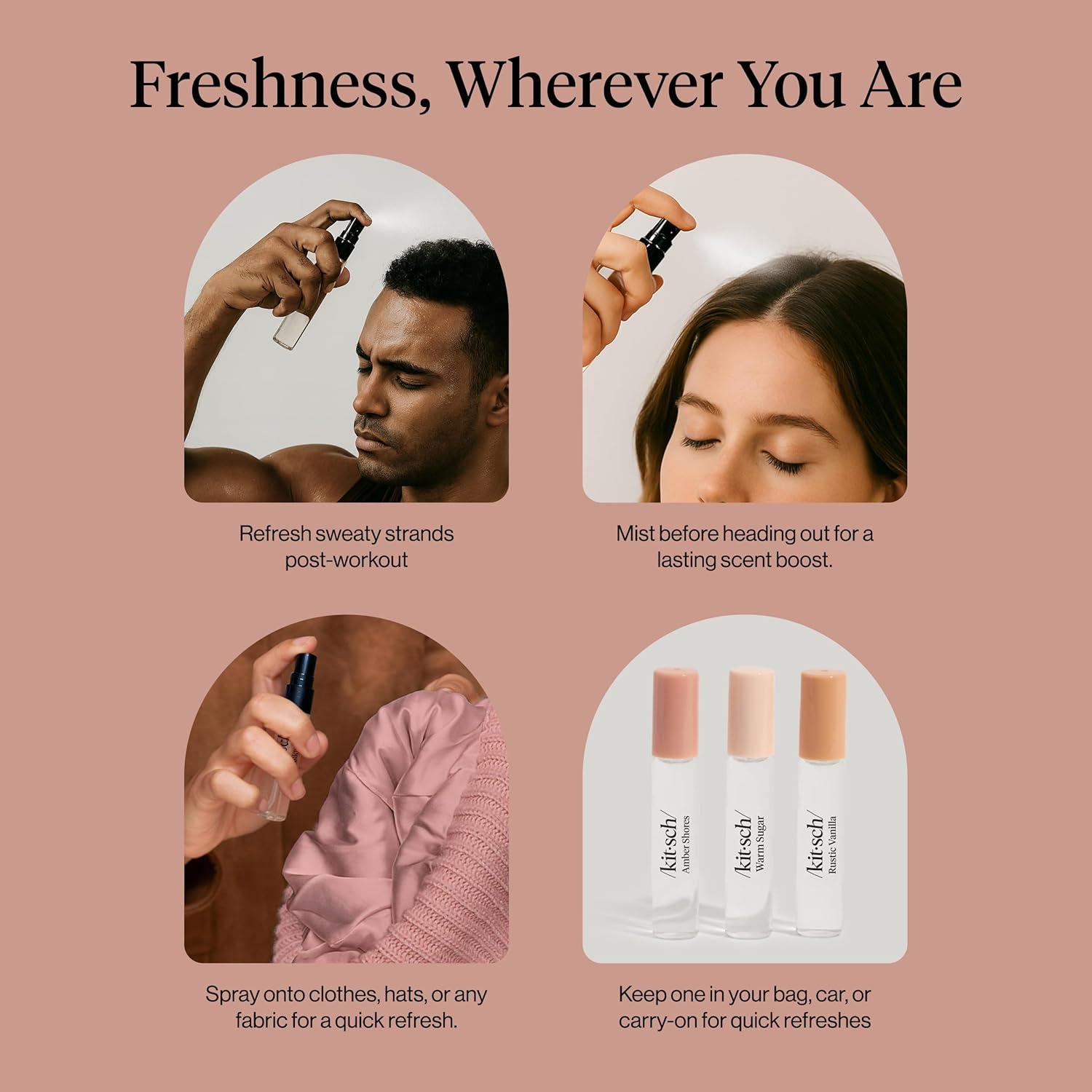 image:imageKitsch Hair Perfume for Women Trio Set Clean Deodorizing amp Patented OdorEliminating Technology Hair Spray amp Body Mist Freshen Hair Pillows Amber Shores Warm Sugar Rustic Vanilla 3x10mL