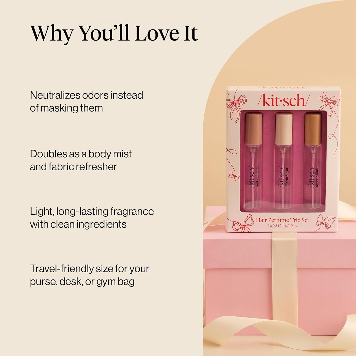 image:imageKitsch Hair Perfume for Women Trio Set Clean Deodorizing amp Patented OdorEliminating Technology Hair Spray amp Body Mist Freshen Hair Pillows Amber Shores Warm Sugar Rustic Vanilla 3x10mL