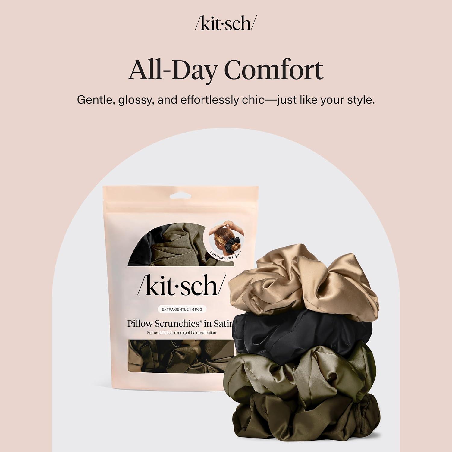 image:imageKitsch Pillow Satin Scrunchies for Women Hair Ties No Damage No Crease Hair Accessories Perfect for Day or Night Ideal Gifts for Women 4pcsBlack 4 pcs