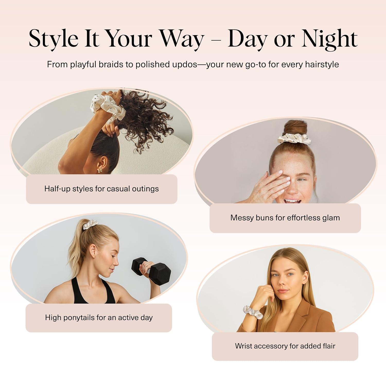 image:imageKitsch Pillow Satin Scrunchies for Women Hair Ties No Damage No Crease Hair Accessories Perfect for Day or Night Ideal Gifts for Women 4pcsMickeyMinnie Cream Rhinestone