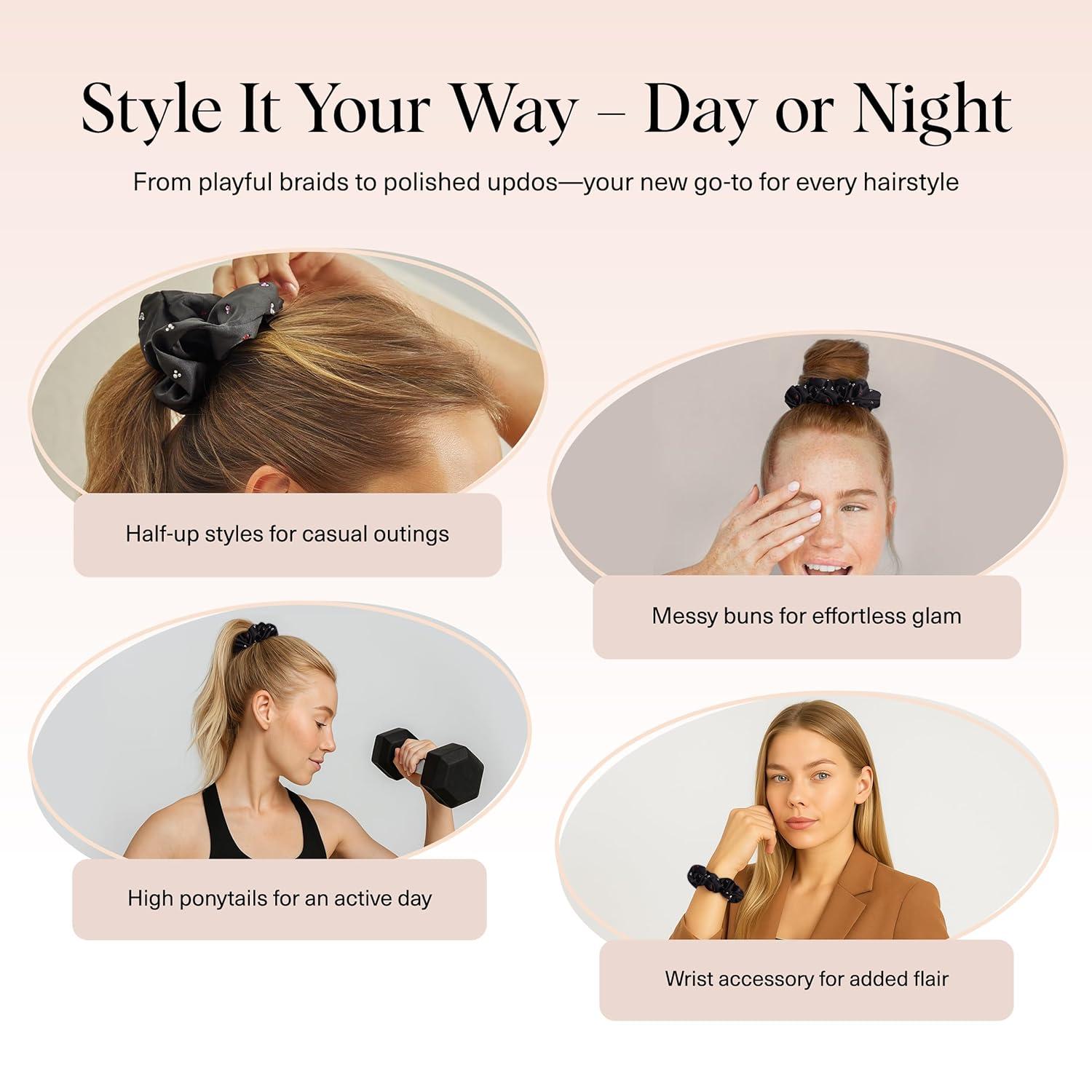 image:imageKitsch Pillow Satin Scrunchies for Women Hair Ties No Damage No Crease Hair Accessories Perfect for Day or Night Ideal Gifts for Women 4pcsMickeyMinnie Black Rhinestone
