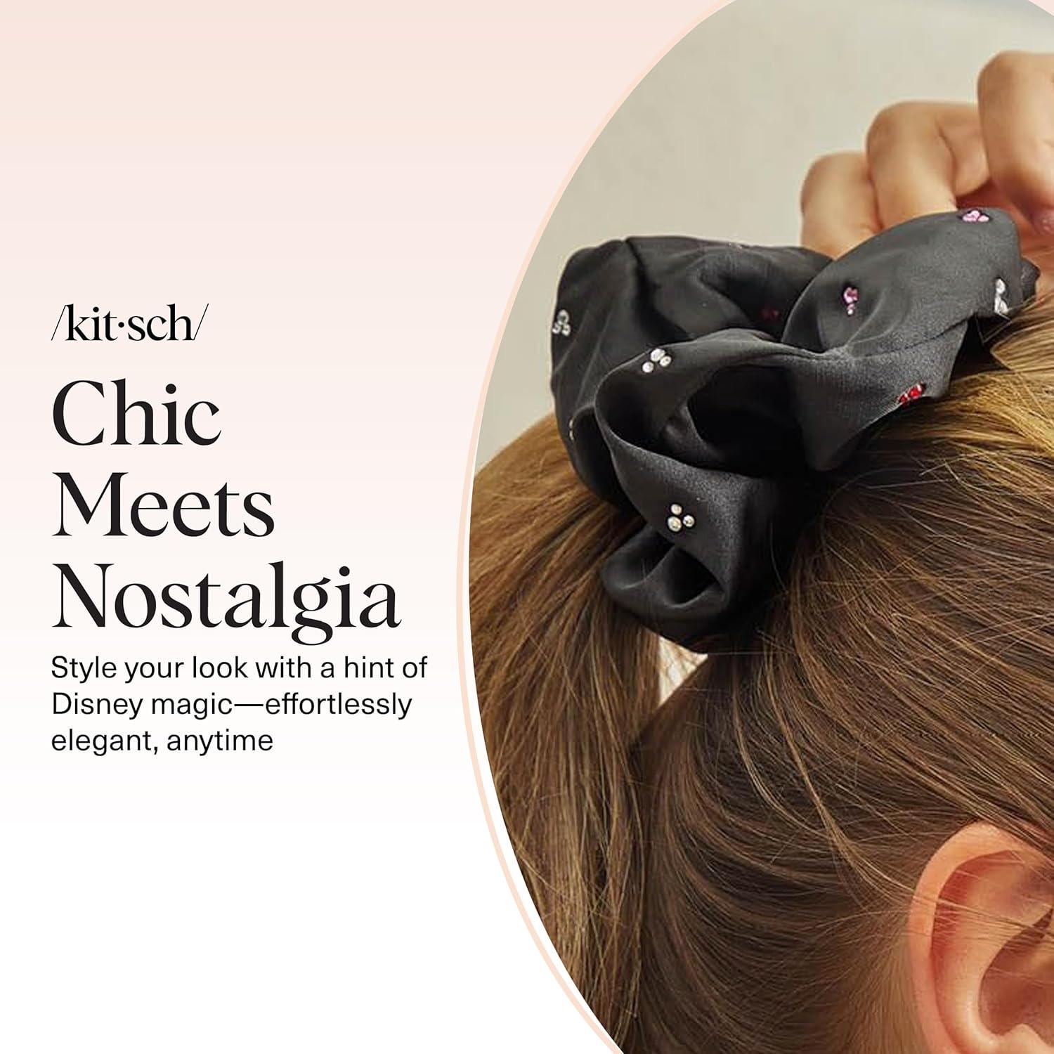 image:imageKitsch Pillow Satin Scrunchies for Women Hair Ties No Damage No Crease Hair Accessories Perfect for Day or Night Ideal Gifts for Women 4pcsMickeyMinnie Black Rhinestone