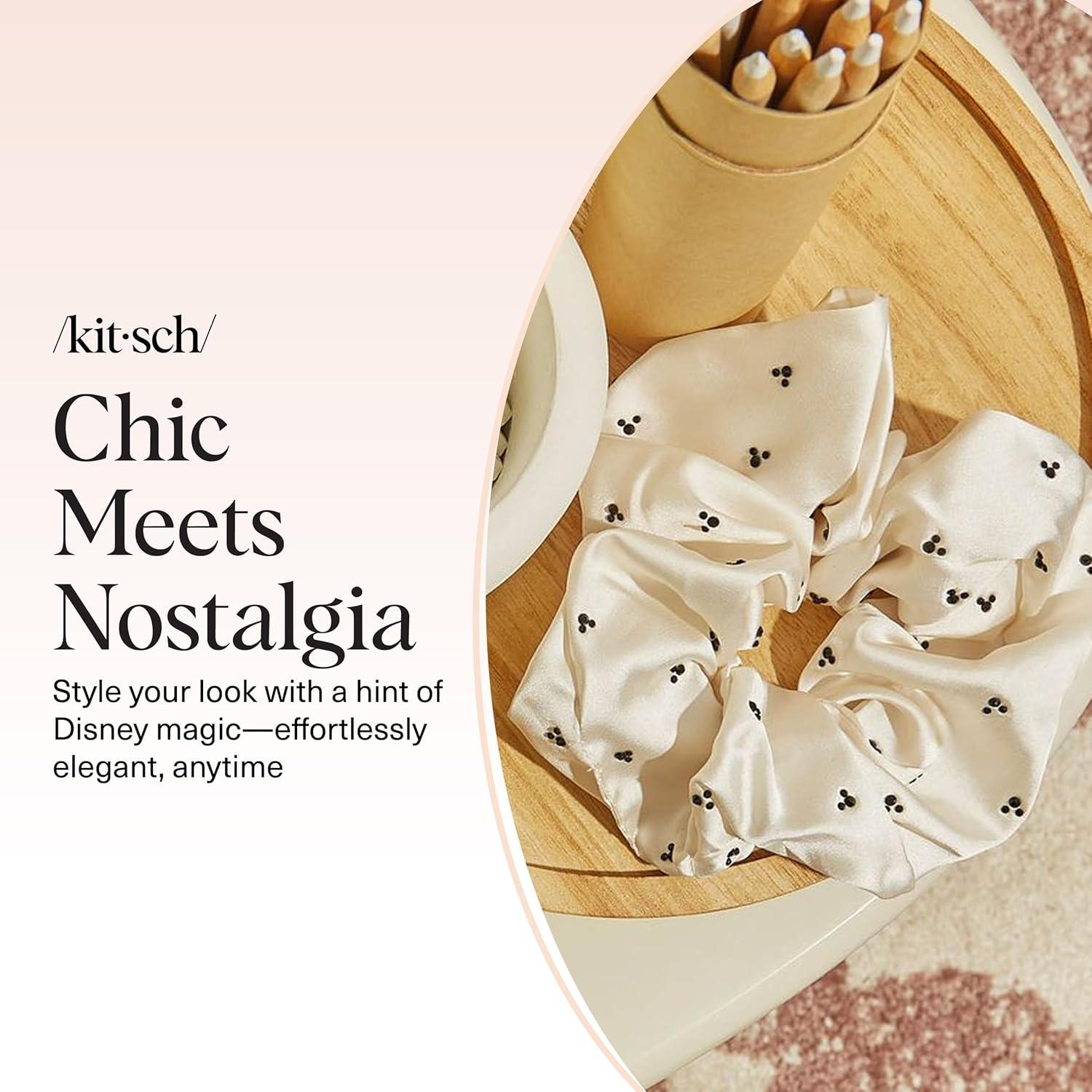 image:imageKitsch Pillow Satin Scrunchies for Women Hair Ties No Damage No Crease Hair Accessories Perfect for Day or Night Ideal Gifts for Women 4pcsMickeyMinnie Cream Rhinestone