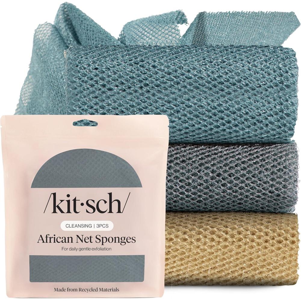 image:imageKitsch African Net Sponge Exfoliating Body Scrubber for Cleansing amp Gentle Daily Exfoliation Stretchable Bath Sponge for HardtoReach Areas LongLasting Shower Essential Ocean Blue 3 PcsAqua Grey