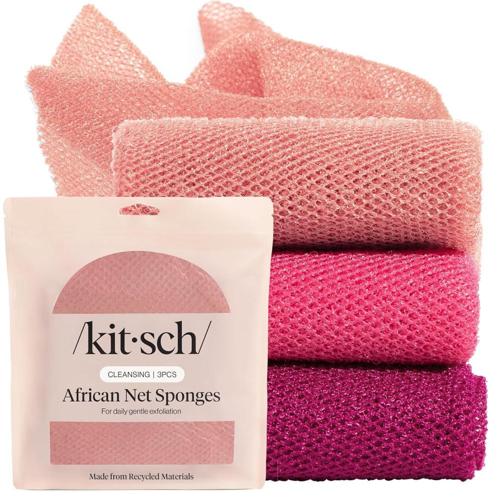 image:imageKitsch African Net Sponge Exfoliating Body Scrubber for Cleansing amp Gentle Daily Exfoliation Stretchable Bath Sponge for HardtoReach Areas LongLasting Shower Essential Ocean Blue 3 PcsBerry Pink